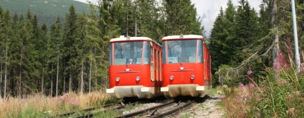 Míjení vozů pozemní lanové dráhy Starý Smokovec - Hrebienok ve výhybně, vůz č.1 na levé koleji klesá do Starého Smokovce, vůz č.2 na koleji pravé naopak stoupá na Hrebienok. | 6.8.2007