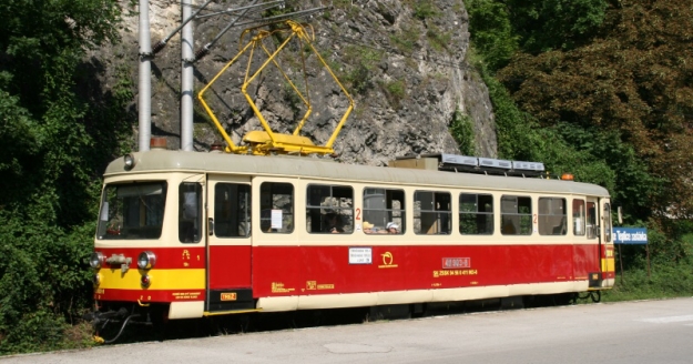 Motorový vůz 411 903-8 odbavuje své cestující v zastávce Trenčianská Teplá, obec. | 11.8.2010