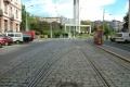 Prostor zastávky Čechovo náměstí s kolejovou spojkou z protisměrné koleje.