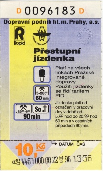 Jízdenka za 10,- Kč emise 1996 byla označena 22. července 1996 v autobuse Ikarus 280 ev.č.4467. Prozatím je použita černá barva a místo čísla linky je však natištěno 000.