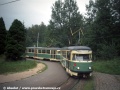 Ve smyčce Horní Hanychov manipuluje souprava T2R ev.č.21+20. Zelená tramvaj v zeleném lesíku, tehdy zde běžná věc. | 26.8.1998