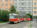 Souprava vozů T3 ev.č.6514+6511 vypravená na linku 16 manipuluje částečně v prostoru výstupní zastávky smyčky Olšanské hřbitovy. | 18.6.2004