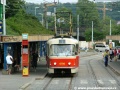 Souprava vozů T3 ev.č.6796+6797 vypravená na linku 1 stanicuje v zastávce Vltavská opatřené krytými přístřešky navazujícími na výstupy ze stejnojmenné stanice metra. | 29.6.2005