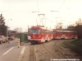 Souprava vozů T3SUCS ev.č.7061+7061 opatřená reklamou na Coca Colu manipuluje na lince 6 ve smyčce Radošovická | 10.4.1996
