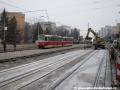 Souprava vozů T3R.PV ev.č.8169+8170 vypravená na linku 20 klesá po původní trati v prostoru zastávky Horoměřická. | 1.2.2011