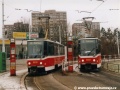 Vozy T6A5 ev.č.8630 a ev.č.8683 vypravené na linku 2 u vnější a vnitřní nástupní zastávky smyčky Červený Vrch. | 10.1.2003