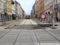 Rekonstrukce tratě v Bělehradské ulici, viditelné je zvětšení osové vzdálenosti. | 26.5.2015