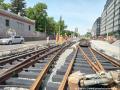 Pohled od vozovny Strašnice na výhybky vznikající křižovatky Hagibor ze směru Strojimport. | 02.06.2026