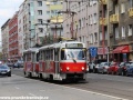 K zastávce Odborářské náměstí míří souprava vozů T3P ev.č.7715+7704 vypravená na linku 9. Zatímco čelní vůz pochází z roku 1975, kdy byl do Bratislavy dodán jako typ T3 a modernizací prošel v roce 2003, řízený vůz byl s využitím novostavby skříně VarCB3 zkompletován v roce 2006. | 18.7.2012