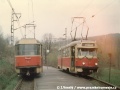 Křižování vozu T2 ev.č.8 s vozem T3 ev.č.43 ve výhybně Proseč škola | 23.4.1988
