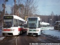 Setkání dvou jedinečných tramvajových zástupců v liberecké smyčce Lidové sady, pro Liberec bohužel pouze seconhandových vozů v podobě prototypu vozu RT6N1 ev.č.84 (ex DP Praha ev.č.0028 a 9051) vypraveného na linku 2 s prototypem vozu RT6S ev.č.85 (ex DP Praha ev.č.0031). | 23.12.1998