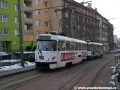 Souprava vozů T3m ev.č.55+57 vypravená na meziměstskou linku 11 vjíždí do přeložené zastávky Mlýnská na zdvoukolejněném úseku | 18.3.2010