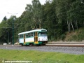 Vůz T2R ev.č.18 vypravený na linku 5 míří po přeložce tramvajové tratě přes prostor zaniklé Textilany do zastávky U Lomu. | 13.9.2011