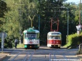 Ve smyčce Lidové sady se potkal vůz T3R.PLF ev.č.37 vypravený na linku 3 s muzejním vozem T2R ev.č.17 na lince 1. | 7.9.2013