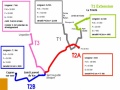 Schéma plánovaného rozvoje tramvají v Nice. Šedou barvou je vyznačena provozovaná linka č. 1, červeně první provozní úsek linky č. 2 (T2A), dalšími barvami výhledové záměry (prodloužení linek č. 1 a 2 i zřízení linky č. 3)