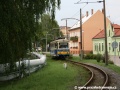 Teplovod vedený podél břehu říčky Tepličky sice potvrzuje její jméno, ale centru Trenčianských Teplic příliš na kráse nepřidává, motorový vůz 411 903-8 projíždí tímto prvkem městského mobiliáře již zcela nevšímavě. | 20.8.2008