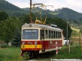 Motorový vůz 411 903-8 opatřený historizující podobou laku uhání k zastávce Kaňová. | 11.8.2010