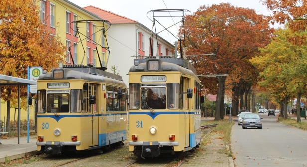 Vozy Gotha #30 a #31 se křižují ve výhybně Berliner Platz. | 27.10.2021