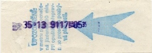 Rubová strana první generace jízdenek v hodnotě 4,- Kč z roku 1991, jedinou odlišností od korunových jízdenek je modrá barva. Jízdenka byla označena v metru dne 17.7.1991.