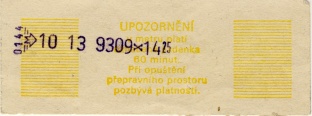 Rub jízdenky v ceně 2,- Kčs série Aar z roku 1993, označené v metru 9.10.1993. 