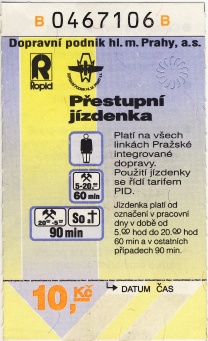Přestupní jízdenka v ceně 10,- Kč, nová základní jízdenka pro Prahu v novém systému od 1. června 1996.