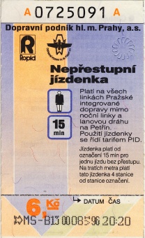 Nepřestupní jízdenka za 6,- Kč emise 1996 označená v metru na stanici Můstek B dne 8. června 1996.