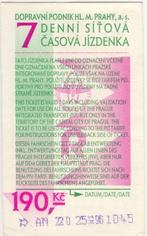 Přední strana sedmidenní jízdenky z emise roku 1996. Jízdenka je na první pohled odlišná od základních jízdenek.