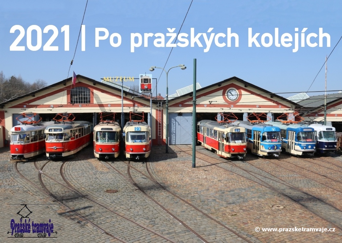 Titulní stránka nástěnného kalendáře Pražských tramvají 2021 »Po pražských kolejích«