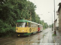 Ve směru od Mostu byla zachycena v blízkosti zastávky Litvínov, Stadion také souprava vozů T3SUCS ev.č.252+284, rovněž na lince 4. Oba vozy jsou stále zrychlovačové, avšak na lince 4 dnes v Litvínově potkáme na opravených kolejích například i částečně nízkopodlažní tramvaje typu Astra | 31.7.1997