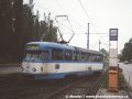 V červnu 1997 probíhala u zastávky Sokolovská rekonstrukce tramvajové trati při zachování provozu na jedné koleji. Na snímku je zachycena tramvaj T2R ev.č.614 na lince 4, když právě opouští zmiňovaný jednokolejný úsek | 1.6.1997
