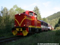 Na nádraží v Dolním Polubném stanicuje historický ozubnicový vlak vedený ozubnicovou lokomotivou T426.001 s vozy 29-29 309+29-29 327-5+Balm Bistro+820.056-0 v závěsu. | 11.9.2011
