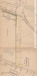 Situační plán na neuskutečněnou změnu spojovací koleje v délce 232 metrů mezi tratěmi Klárov - Královský hrad a Belcrediho třída - Střešovice u Kadetní školy z dubna 1912.