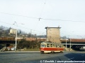Křižovatkou Zámecká do zastávky Otakarova přijíždí vůz T1 ev.č.5054 vypravený na linku 1. | 1979