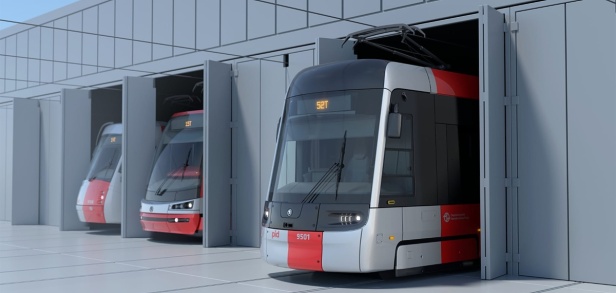 Vůz Škoda 52T ForCity Plus Praha na vizualizaci ve společnosti vozů Škoda 15T ForCity Alfa a Škoda 14T Elektra.