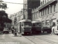 Souprava vozů T3.1. ev.č.6015+T3 ev.č.6485 vypravená na linku 15 stanicuje v zastávce Jindřišská. | 1985