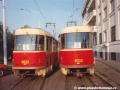 Vozy T3 ev.č.6622 a T3M ev.č.8032 vypravené na linku 6 vyčkávají v manipulačním prostoru smyčky Vozovna Pankrác na nájezd do nástupní zastávky. | 16.10.1994