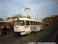 Vůz T3 ev.č.6929 vypravený na linku 14 stanicuje v zastávce Palmovka, HIMI´S JEANS tou dobou frčí i na tramvajích... | leden 1995