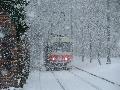 Zcela zasněžená souprava vozů T3SUCS ev.č.7142+7143 vypravená na linku 23 vjíždí za vydatné sněhové vánice do zastávky Královský letohrádek | 23.1.2005