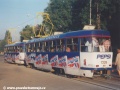 Souprava vozů T3SUCS ev.č.7229+7228 vypravená na linku 1 a opatřená celovozovou reklamou na Pepsi stanicuje v zastávce Vozovna Střešovice | říjen 1995
