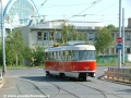 Vůz T3M ev.č.8047 uhání přes nadjezd Černokostelecké ulice u Ústředních dílen DP na zkušební jízdu. | 30.7.2004