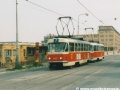 Souprava vozů T3M ev.č.8057+8043 vypravená na linku 7 stanicuje v zastávce Lokomotivka po částečné demolici správních budov areálu ČKD. | 24.8.2002