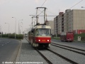 Souprava vozů T3M ev.č.8075+8103 vypravená na linku 3 uhání otevřeným svrškem zrekonstruované tratě od smyčky Lehovec k zastávce Sídliště Hloubětín. | 20.4.2010