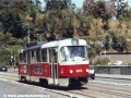 Vůz T3M2-DVC ev.č.8076 vypravený na záložní vlak vozovny Hloubětín právě hradí spoj linky 24 při jízdě přes Štefánikův most. | 15.8.2003