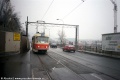 Vůz T3M #8094 vypravený na linku 14 míří Radlickou ulicí okolo stavebních ohrad tunelu Mrázovka k zastávce Křížová. | 24.3.2000