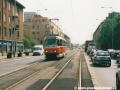 Vůz T3R.P ev.č.8230 vypravený na linku 37 míří asfaltovým oraništěm k zastávce Zborov. | 10.5.2002