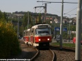 Souprava vozů T3R.P ev.č.8321+8322 vypravená na linku 3 míří od zastávky Pobřežní cesta k Nádraží Braník. | 24.4.2011