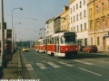 Souprava vozů T3R.P ev.č.8344+8329 vypravená na linku 3 stanicuje v zastávce Ocelářská. | 22.2.2003