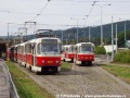 Vozy T3R.P ev.č.8375 a ev.č.8365 odstavené ve smyčce Nádraží Braník. | 30.6.2004