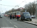 K zastávce Solidarita se blížila souprava vozů T3R.P ev.č.8398+8399 vypravená na linku 11, bohužel jí to díky řidiči automobilu, který si myslel, že tramvajové těleso je pro jízdu ideálnější, nevyšlo... | 18.2.2005