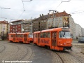 Souprava vozů T3R.P ev.č.8410+8411 čerstvě opatřená celovozovou reklamou banky ING manipuluje před vozovnou Pankrác. | 9.1.2012